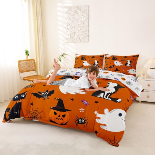 Halloween Bedding Set King Size Cartoon Ghost Pumpkin Black Cat Wolf Bed Cover - Spooky Decor