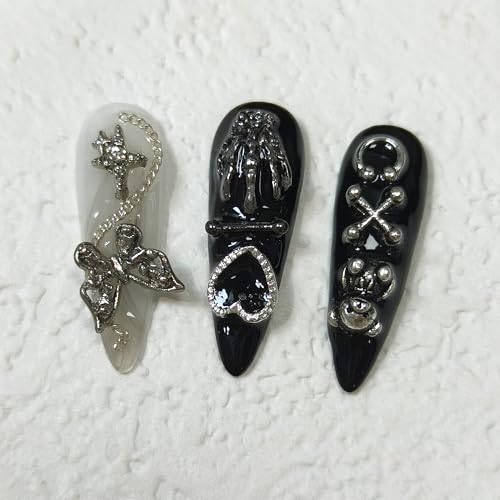 Black Silver Skull Long Stiletto Press-On Nails XS - Reusable Gothic Nail Art