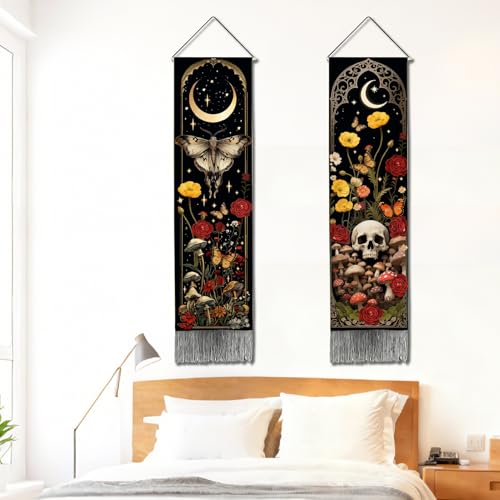 Witchy Gothic Moth Skull Tapestry Wall Hanging - 51x13 Inch, Mysterious Bedroom Decor
