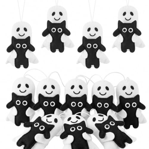 12 Pack Halloween Ghost Felt Ornaments with Black Cat Hanging Decorations
