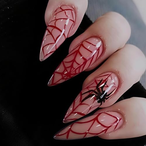 Halloween Long Stiletto Press On Nails with Red Spider Web Design - Variation 42