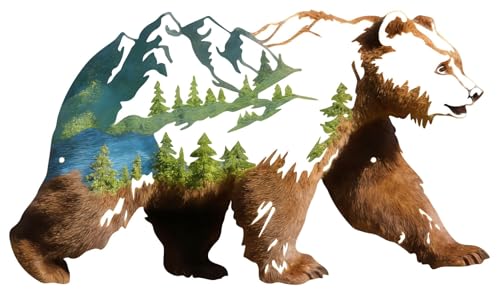 Mountain Bear Metal Wall Art - Pine Tree Wilderness Scene with Variation L