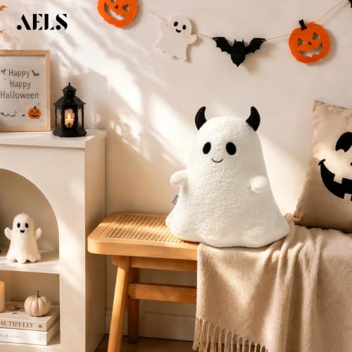 Halloween Ghost Throw Pillow with Horns - Mischievous Boy Variation, Spooky Decor