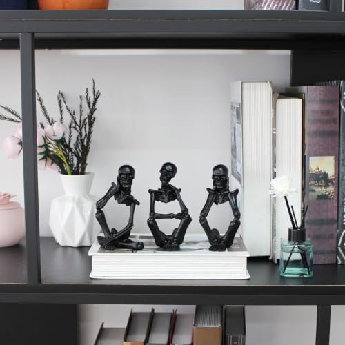 Black Skeleton Decor Set of 3 - Gothic Thinker Skeleton Figurines for Home & Halloween Decor