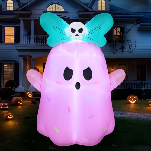 Pink Halloween Inflatable Ghost 5FT Tall with LED Lights & Bowknot - Outdoor Yard Decor