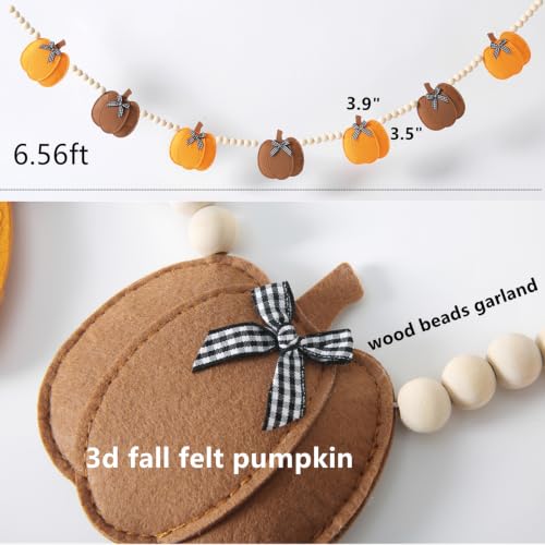 Fall Felt Pumpkin Garland with Beads - Buffalo Plaid & Natural Wood Decor