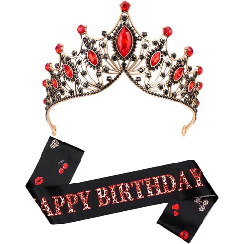 Red and Black Birthday Queen Crown & Sash Set for Women Party Decorations
