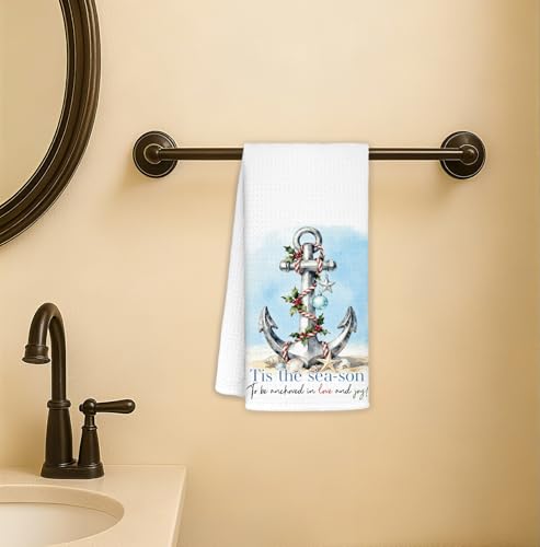 Nautical Anchor Coastal Christmas Kitchen Towels - 16x24 Inch Hand Towels for Bathroom & Kitchen Decor