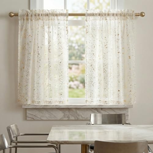 White Tier Curtains 52x36 Inch Pack of 2 - Gold Sequin Window Drapes