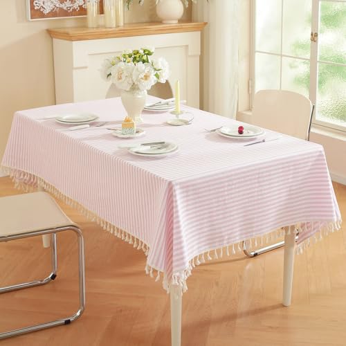 Pink Striped Rectangle Tablecloth 60x120 Inch Cotton Blend Boho Picnic Cover with Tassels