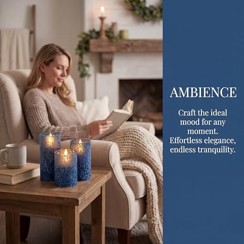 Raindrops Blue Flameless Candles with Remote Control - Real Wax Glass Battery Operated Set