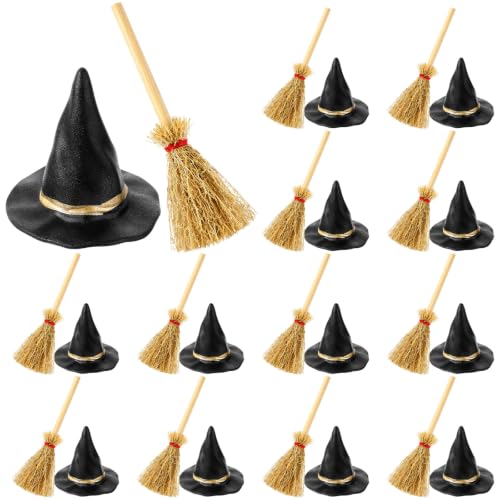 Mini Witch Hat and Broom Set - Halloween Decorations for Cake Toppers & Party Favors