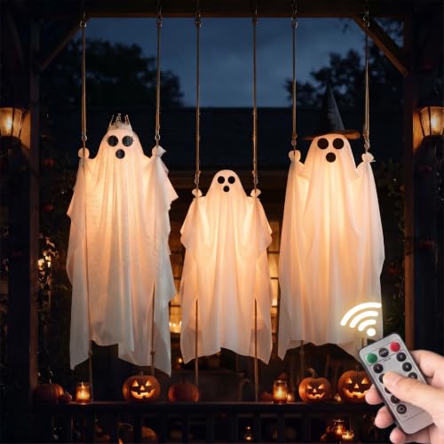 3-Pack Swinging Ghost Halloween Decorations Outdoor - 4.5-7.2 FT Adjustable, Light-Up Ghosts with Swaying Fabric