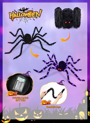 Black Halloween Spider Decorations 59 Inch Lighted Fake Spiders 2 Pack