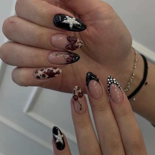 Press On Nails with French Cherry Leopard Design - Almond Fake Nails 24PCS