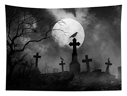 Halloween Tapestry Full Moon Black Crow Tombstone Dead Tree Wall Decor - 40x60 Inches - Black Variation