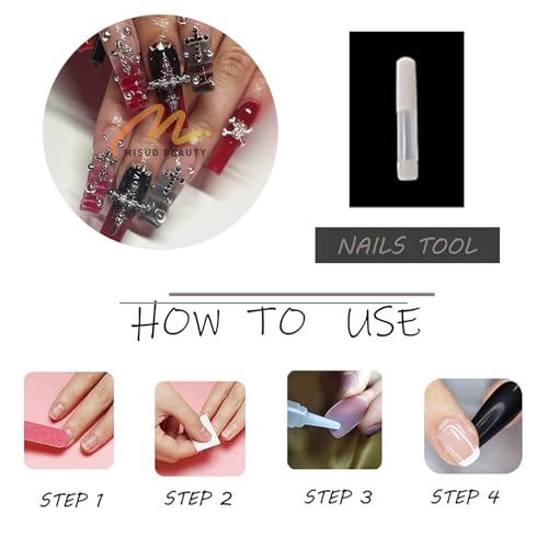 MISUD Long Square Press On Nails with Cross Design - Goth Red Black, 24 pcs + Glue - Variation 020A00Red&Black