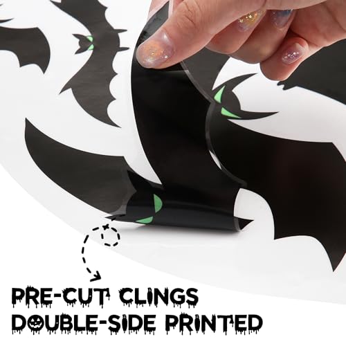 Halloween Window Clings Set - Large Scary Bat Silhouettes with Glow Eyes, Double Sided, 6 Sheets