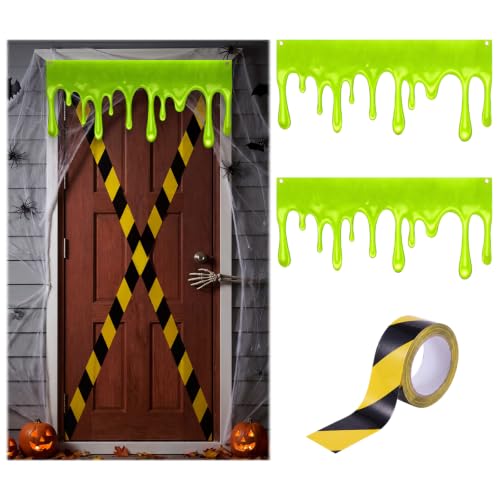 Halloween Green Slime Pattern Door Banner with Caution Tape Set | Eerie Party Decor