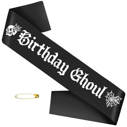 Black Birthday Ghoul Sash with White Glitter Letters - Halloween Party Decor