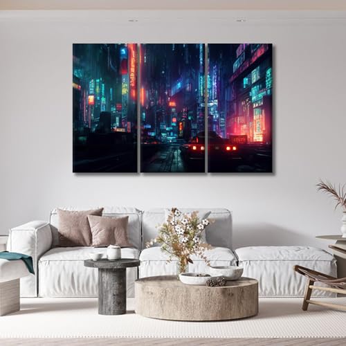 Cyberpunk Wall Art Set - 3 Panels, Cityscape Night Scene, Framed Ready to Hang - 40x60 Inch Variation of THIS listing