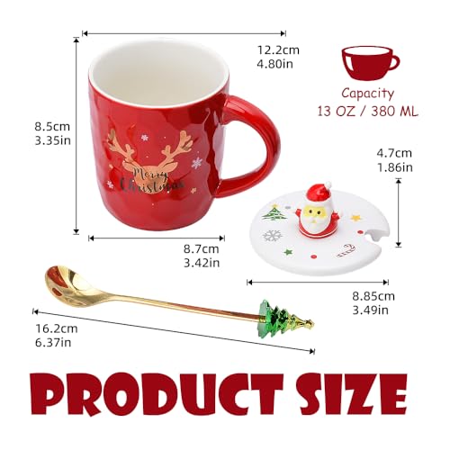 Red Santa Christmas Mug with 3D Lid and Spoon - 14oz Ceramic Holiday Coffee Cup