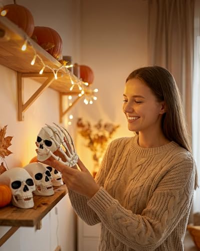 Halloween Skeleton Decorations Set with Skull Heads and Hands - 8 Pack Miniature Props for Haunted House & Yard Decor