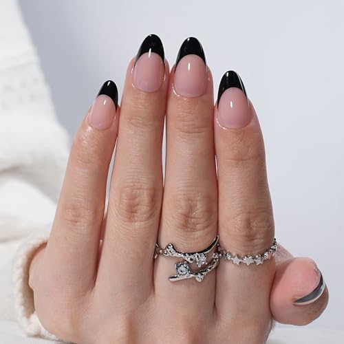 Black French Tip Press On Nails - Short Almond Fake Nails with 7A Variation