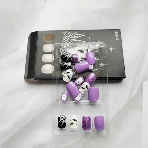 Halloween Fake Nails Short Square Press On Nails with Purple Glitter Cobweb Bat Ghost Design - Variation H6