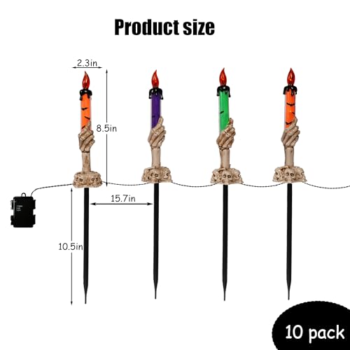 Halloween Skull Candle Stakes Set - 10 Pack Outdoor Waterproof Pathway Decor with Timer - Orange, Purple, Green