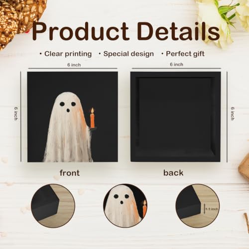 Halloween Ghosts Wooden Box Sign - Fall Thanksgiving Desk Decor, 5x5 Inch, Black Ghosts for Home Office, Variation: Ghost