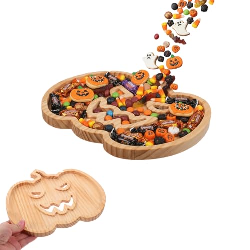 Wooden Pumpkin Serving Tray for Halloween Snacks and Party Platter