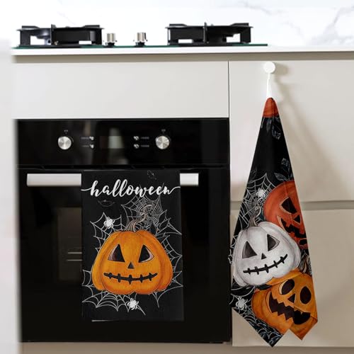 Halloween Black Pumpkin Dish Towels Set of 2 - Spider Web Hand Towels 18x26 F