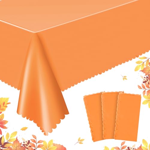 Orange Plastic Tablecloth 3 Pack - Scalloped Fall Halloween Table Cover 54x108 Inches