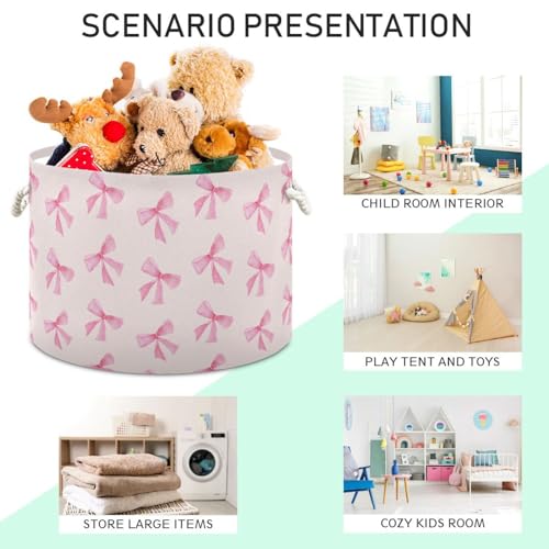 Pink Bow Round Storage Basket A61 - Laundry, Nursery & Living Room Organizer