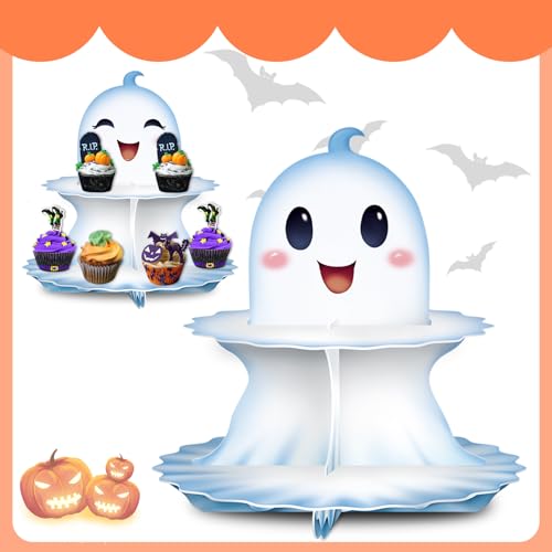Halloween Ghost Cupcake Stand 2-Piece Set White Paper Dessert Tower