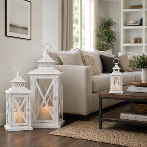 White 20”, 13”, & 9” Decorative Lantern Set - Indoor & Outdoor Candle Holders - Farmhouse Style - Variation: White / 20” & 13” & 9” / 3 Pcs