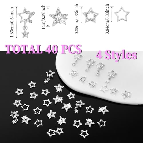 Silver 40Pcs Y2K Star Nail Charms Set with 3D Rhinestones - Multiple Styles