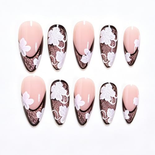 Black Lace French Tip Press-On Nails with White Flower Design - Lace Variation