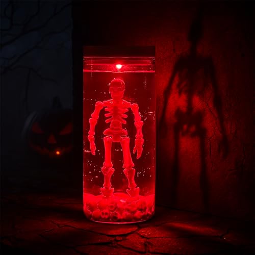Skeleton Water Lamp - Creepy Horror Skeleton in Jar with Skulls, White - Halloween Decor & Collector Gift
