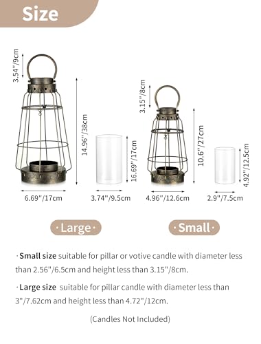 Nuptio Hurricane Candle Lantern Set Small & Large Rustic Farmhouse Hanging & Free-Standing
