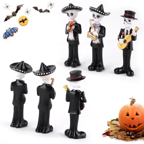 White Day of The Dead Skeleton Figurines with Mariachi Band - Halloween Decor, 3PCS, 5.5In