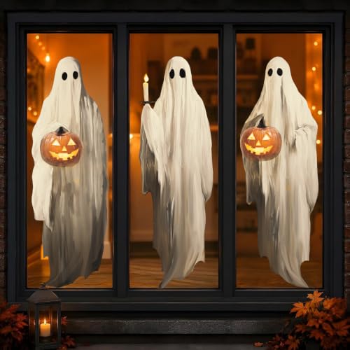 Halloween Window Clings 3-Pack Large White Ghosts with Pumpkin Lanterns - Indoor Decor