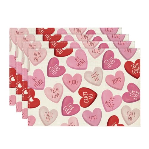 Rectangular Pink Heart Candy Valentine Placemats Set of 4 12x18 Inch Kitchen Table Decor