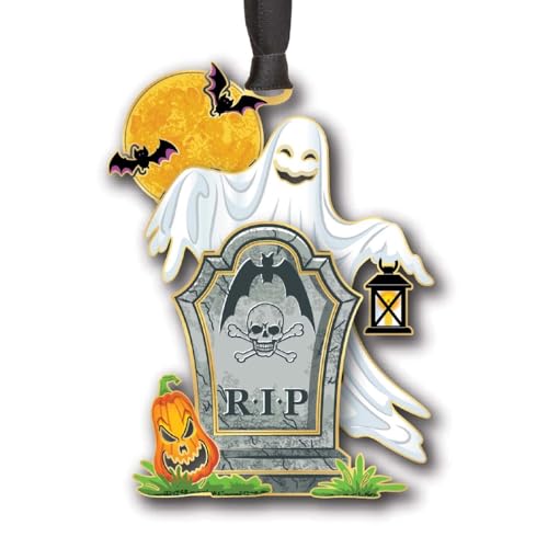 Ghost & Tombstone Halloween Ornaments - Brass Spooky Tree Decorations, Keepsake Gift, 3.15 inch, Handmade in USA