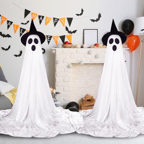 Light Up Ghost Decorations for Halloween Outdoor Indoor - 2 Pack with Witch Hats