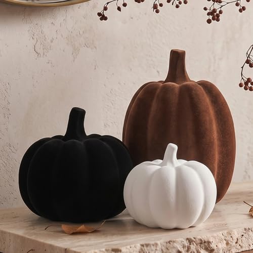 Flocked Velvet Finish Pumpkin Decor Set - White, Brown & Black Resin, 3pcs - Thanksgiving & Fall Home Decor