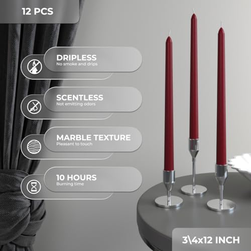 12 Inch Burgundy Taper Candles Set of 12 Unscented Dripless Christmas & Party Decor