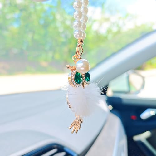 Car Rearview Mirror Decoration - Sparkling Owl with Pom Pom and Pearl Chain - White Variation