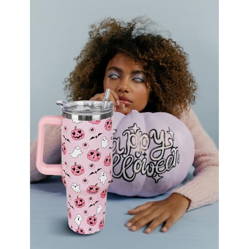 Halloween 40oz Ghost Tumbler with Handle & Straw - Pink & White Spooky Bat Leak-Proof Drinkware